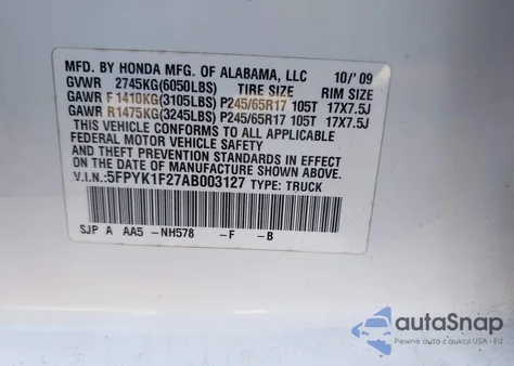 2010 Honda Ridgeline Rt from USA, damaged, VIN 5FPYK1F27AB003127